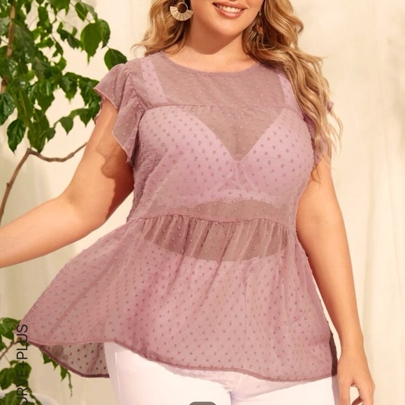 SHEIN women’s plus Swiss dot sheer ruffle hem blouse short sleeve and Flowy - Picture 1 of 6